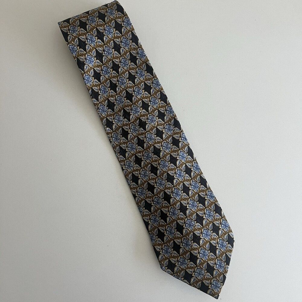 Valentino Cravatte Vintage Silk Tie Blue Gold Floral Pattern Hand Made in Italy